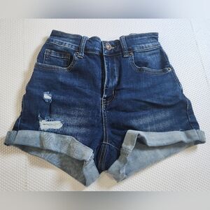 Wax Jean Dark Blue Rolled Cuff Distressed Denim Shorts